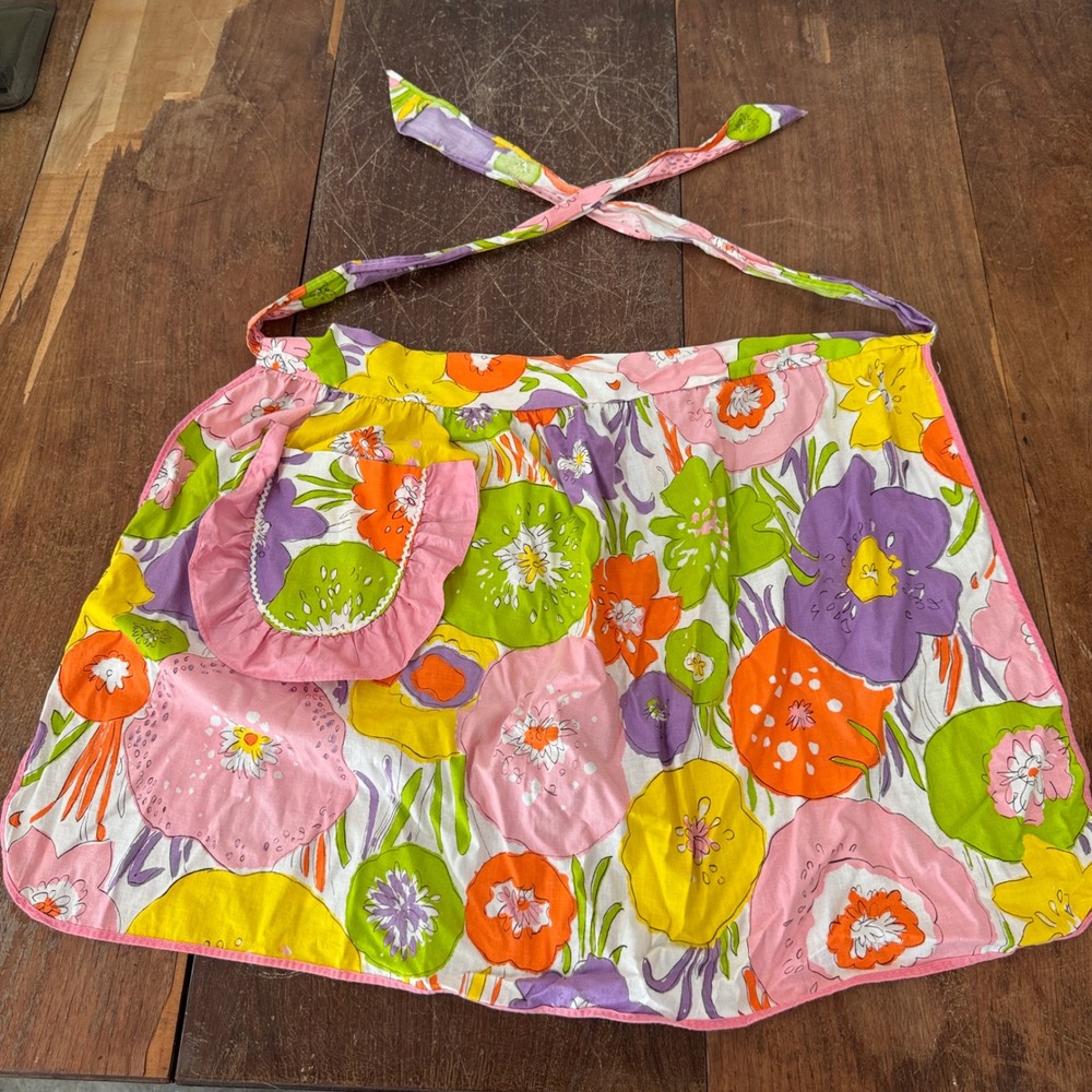 Vintage Floral Half Apron Pink Yellow‎ Green Purple Retro Mod Pocket Ruffle